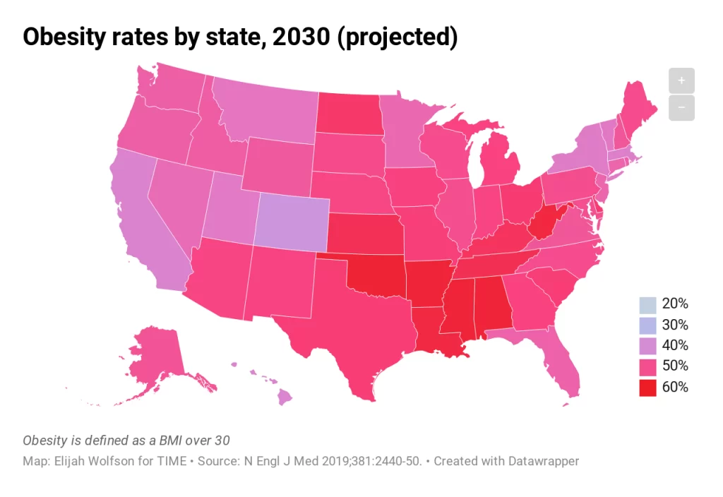 Image of United States with different obesity rates per percent shaded in on each state